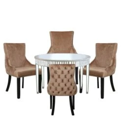Apollo Champagne Mirrored Round Dining Set With 4 Tufted Back Champagne Chairs