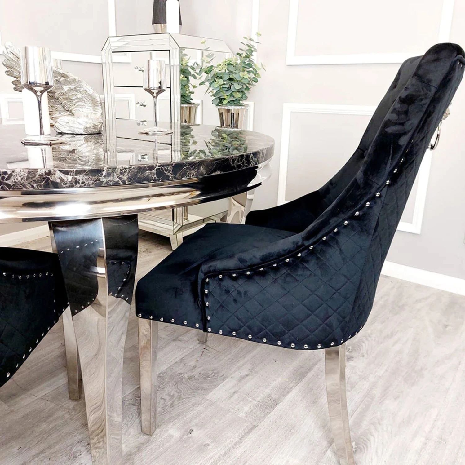 Bentley Black Velvet Dining Chair With Lion Knocker - Image 4