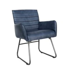 Blue Leather And Iron Panel Chair With Arms