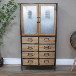 Iron & Fir Wood Locker Style Multi Drawer Cabinet