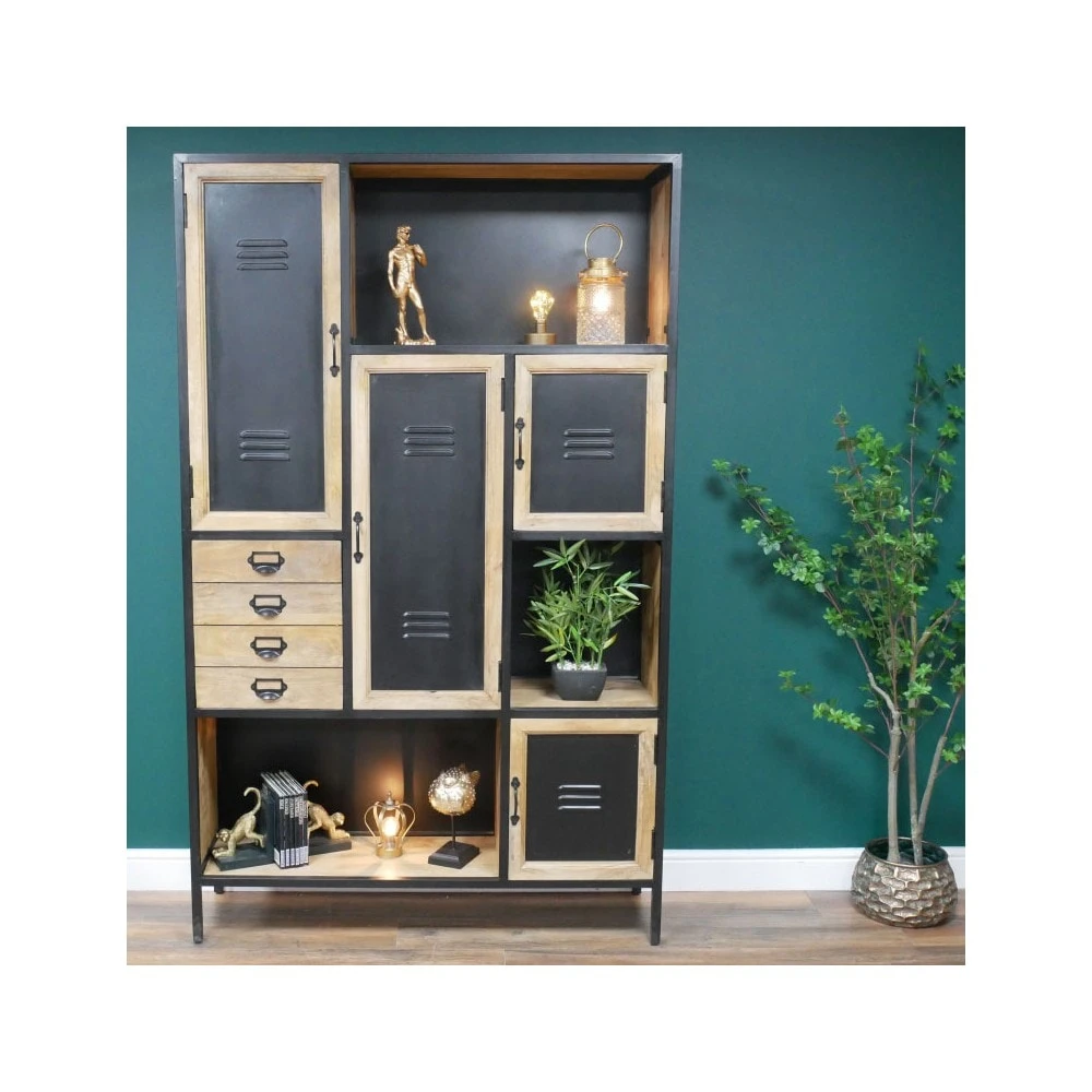 Large Iron & Mango Wood 4 Drawers, 4 Door & 3 Shelf Industrial Cabinet