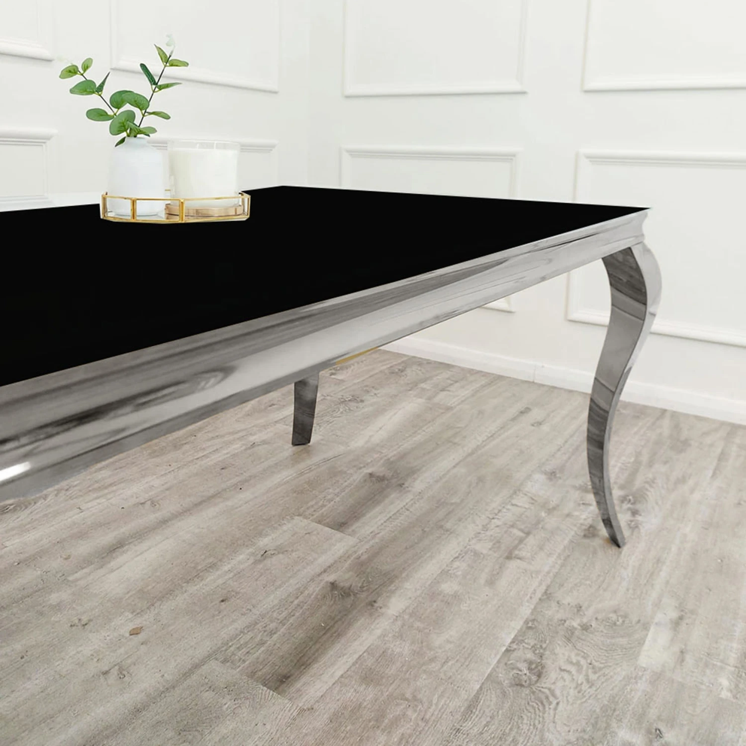 Louis Chrome 1.4m Dining Table With Black Glass Top - Image 2