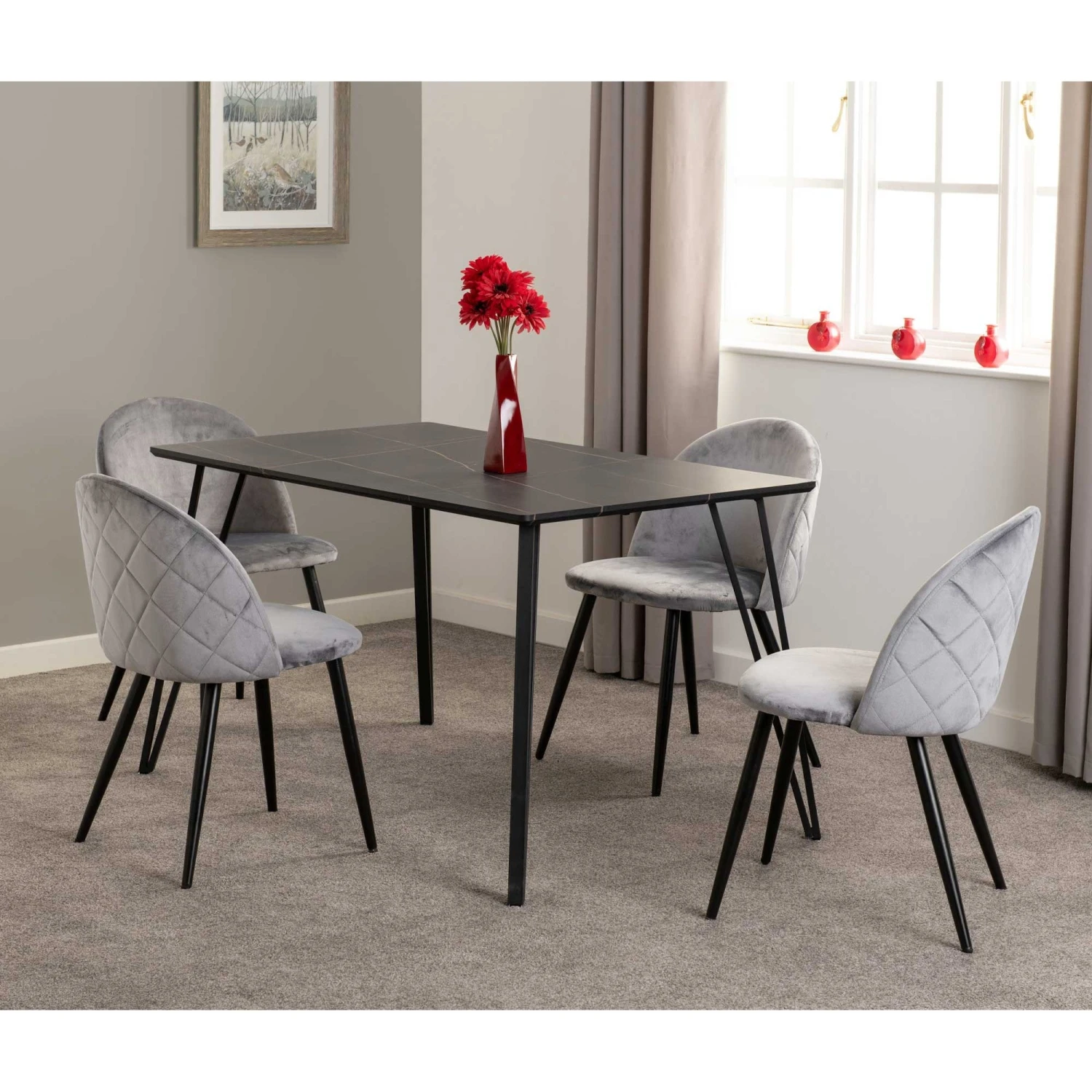 Marlow Black Marble Effect Dining Set With Grey Velvet Chairs - Image 2