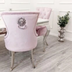 Megan Pale Pink Velvet Dining Chair With Chrome Lion Knocker