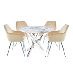 Nova 100cm White Marble Dining Set With 4 Quinn Champagne Chairs