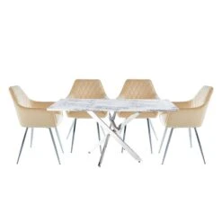 Nova 160cm White Marble Dining Set With 4 Quinn Champagne Chairs